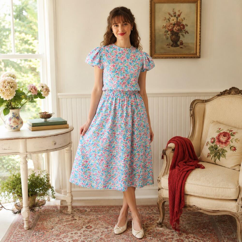 70s Handmade Pink Blue Floral Elastic Waist Day Dress Flutter Sleeve - S